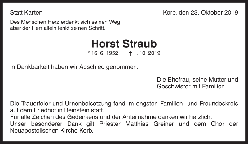  Traueranzeige für Horst Straub vom 23.10.2019 aus Waiblinger Kreiszeitung