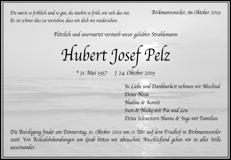  Traueranzeige für Hubert Josef Pelz vom 29.10.2019 aus Waiblinger Kreiszeitung