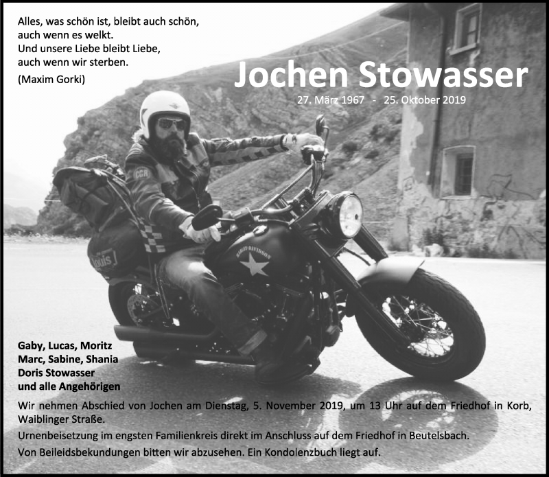  Traueranzeige für Jochen Stowasser vom 30.10.2019 aus Waiblinger Kreiszeitung