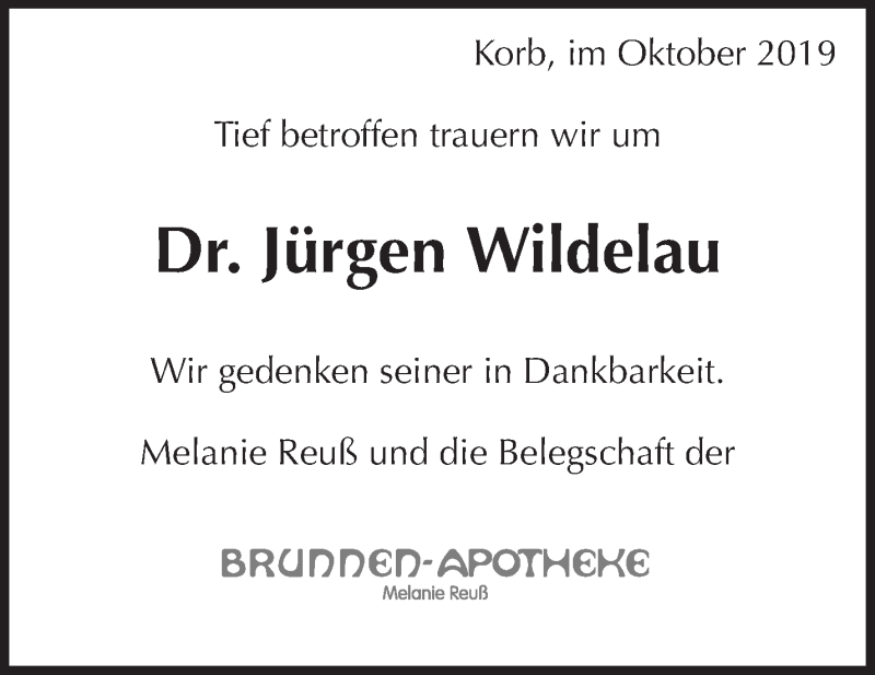 Traueranzeige für Jürgen Wildelau vom 25.10.2019 aus Waiblinger Kreiszeitung