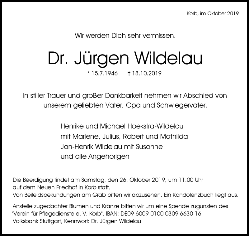  Traueranzeige für Jürgen Wildelau vom 22.10.2019 aus Waiblinger Kreiszeitung