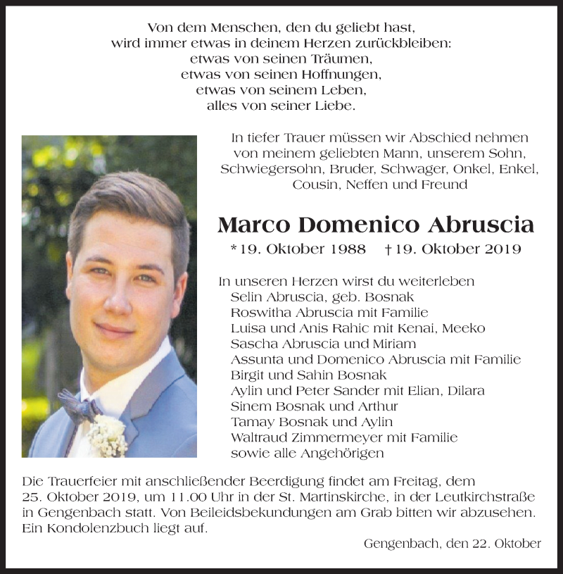  Traueranzeige für Marco Domenico Abruscia vom 22.10.2019 aus Waiblinger Kreiszeitung