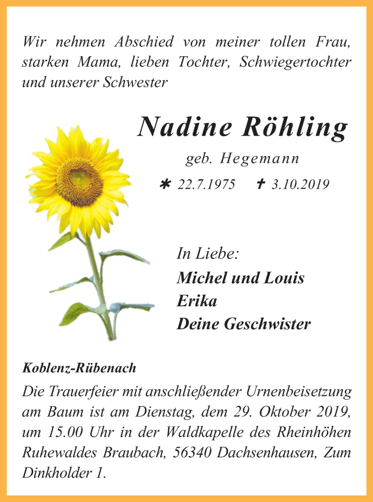  Traueranzeige für Nadine Röhling vom 19.10.2019 aus Waiblinger Kreiszeitung