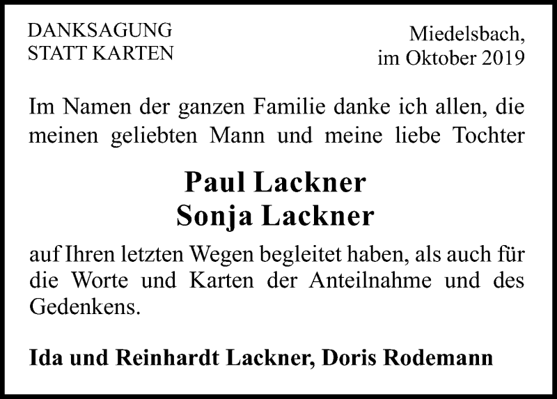  Traueranzeige für Paul und Sonja Lackner vom 08.10.2019 aus Waiblinger Kreiszeitung