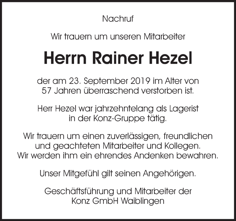  Traueranzeige für Rainer Hezel vom 02.10.2019 aus Waiblinger Kreiszeitung