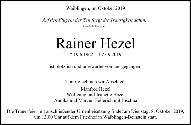  Traueranzeige für Rainer Hezel vom 02.10.2019 aus Waiblinger Kreiszeitung