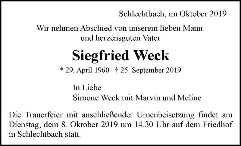  Traueranzeige für Siegfried Weck vom 04.10.2019 aus Waiblinger Kreiszeitung