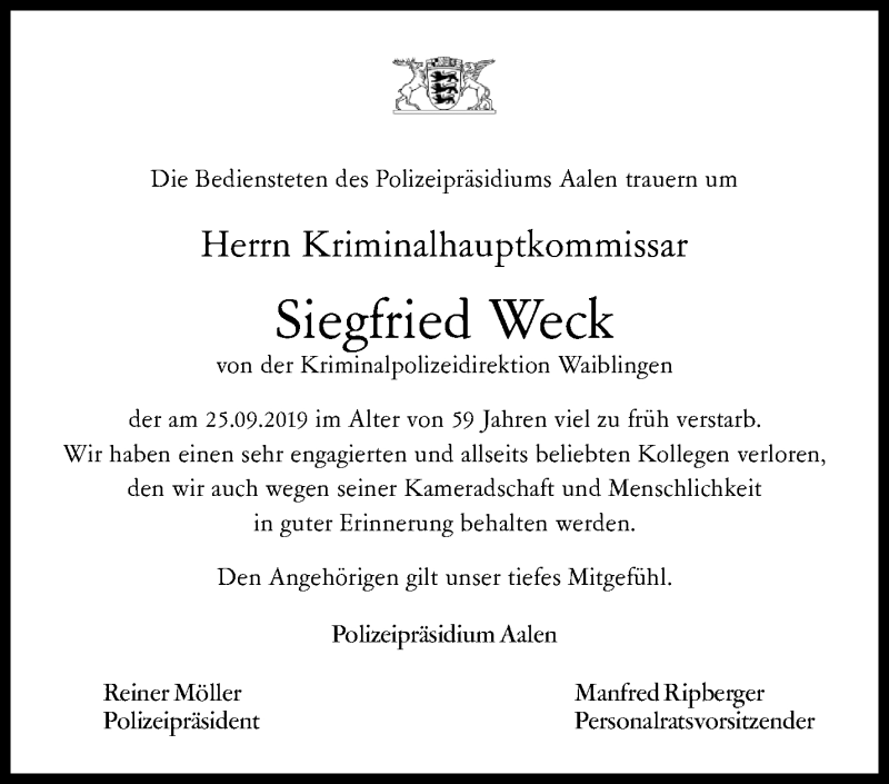  Traueranzeige für Siegfried Weck vom 05.10.2019 aus Waiblinger Kreiszeitung