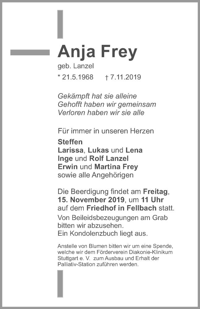  Traueranzeige für Anja Frey vom 12.11.2019 aus Waiblinger Kreiszeitung