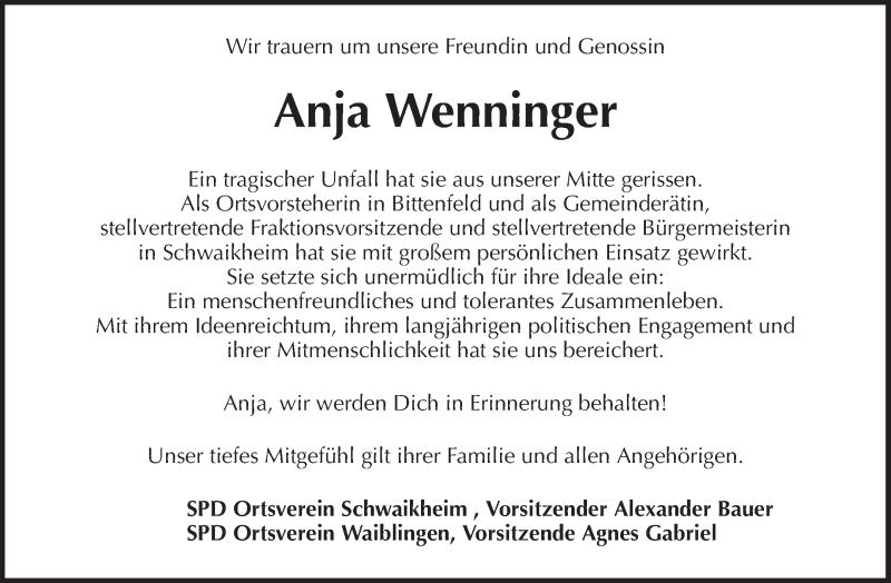  Traueranzeige für Anja Wenninger vom 07.11.2019 aus Waiblinger Kreiszeitung