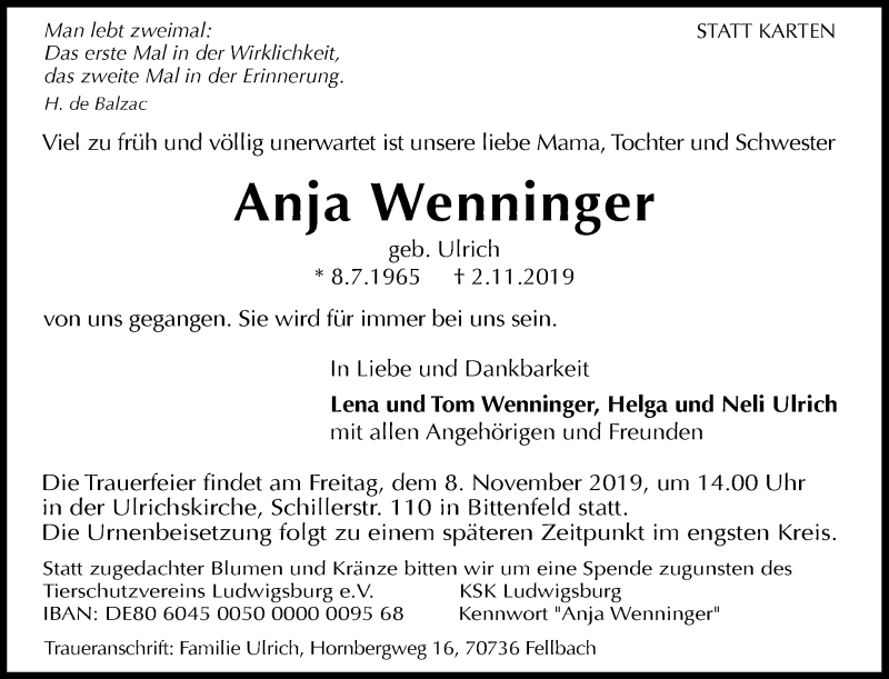  Traueranzeige für Anja Wenninger vom 05.11.2019 aus Waiblinger Kreiszeitung