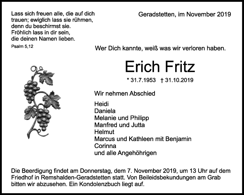 Traueranzeige für Erich Fritz vom 04.11.2019 aus Waiblinger Kreiszeitung