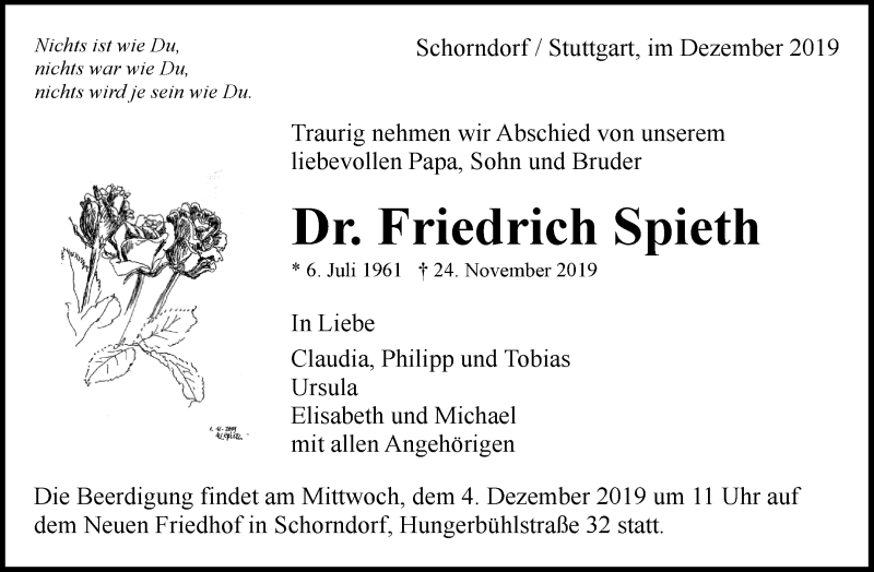  Traueranzeige für Friedrich Spieth vom 30.11.2019 aus Waiblinger Kreiszeitung
