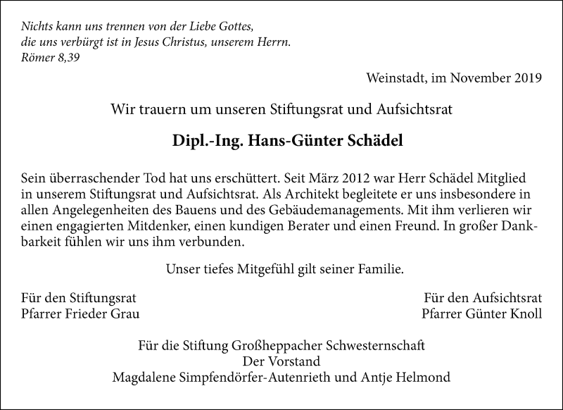  Traueranzeige für Hans-Günter Schädel vom 23.11.2019 aus Waiblinger Kreiszeitung