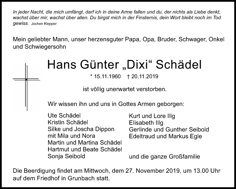  Traueranzeige für Hans-Günter Schädel vom 23.11.2019 aus Waiblinger Kreiszeitung