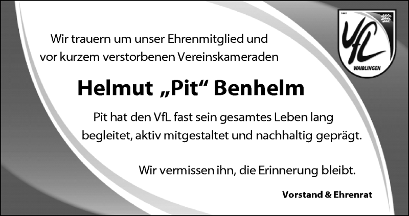  Traueranzeige für Helmut Benhelm vom 02.11.2019 aus Waiblinger Kreiszeitung
