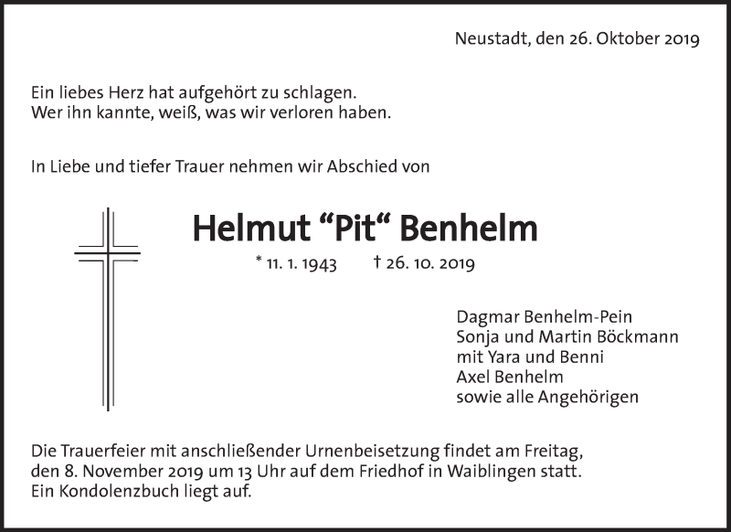  Traueranzeige für Helmut Benhelm vom 02.11.2019 aus Waiblinger Kreiszeitung
