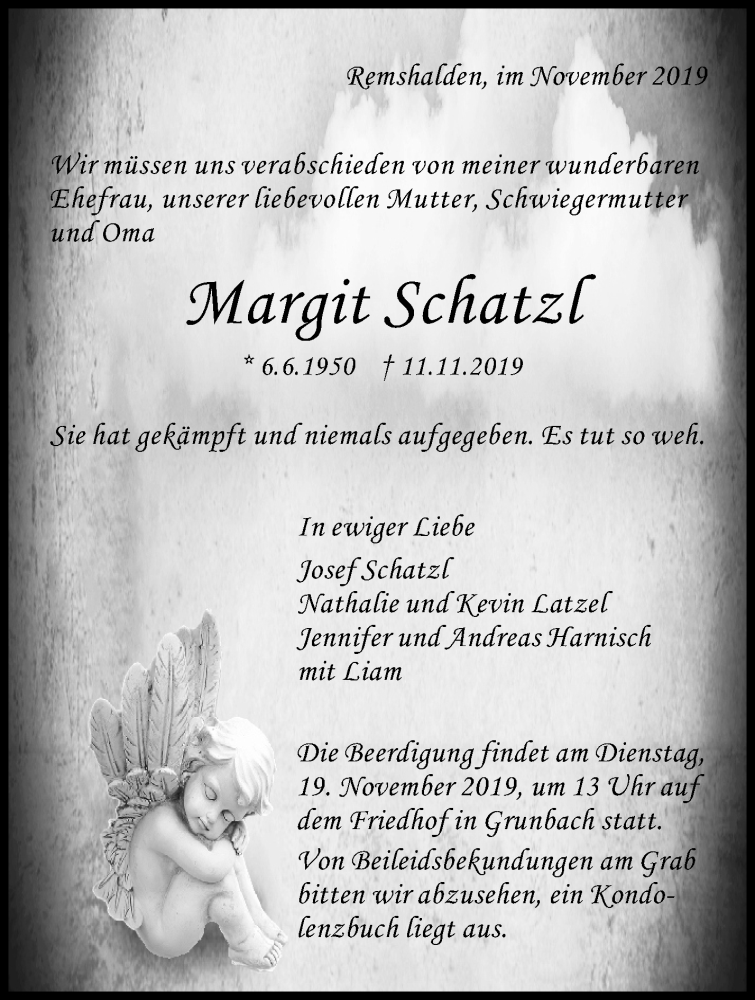  Traueranzeige für Margit Schatzl vom 14.11.2019 aus Waiblinger Kreiszeitung