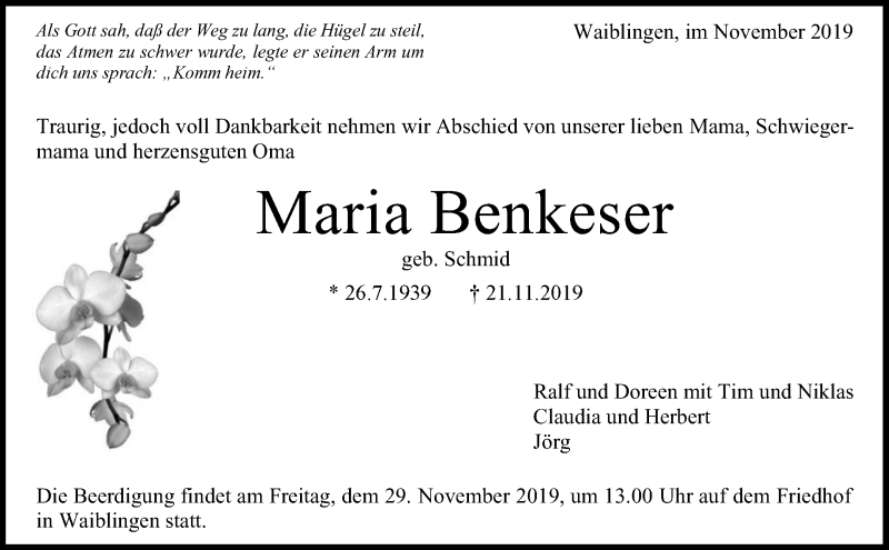  Traueranzeige für Maria Benkeser vom 26.11.2019 aus Waiblinger Kreiszeitung