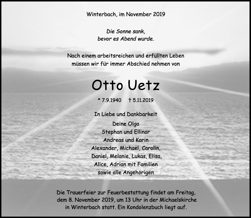  Traueranzeige für Otto Uetz vom 06.11.2019 aus Waiblinger Kreiszeitung