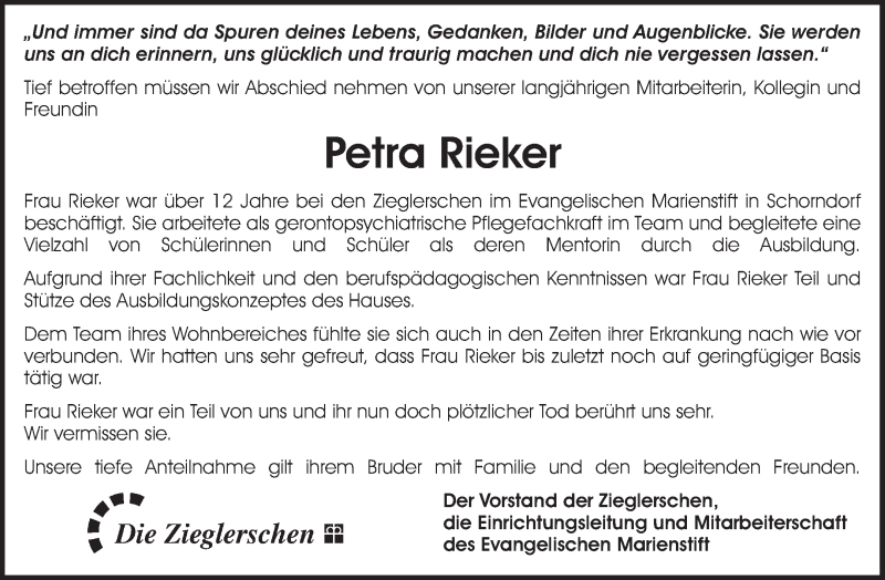 Traueranzeige für Petra Rieker vom 11.11.2019 aus Waiblinger Kreiszeitung