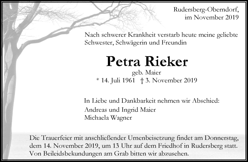  Traueranzeige für Petra Rieker vom 11.11.2019 aus Waiblinger Kreiszeitung