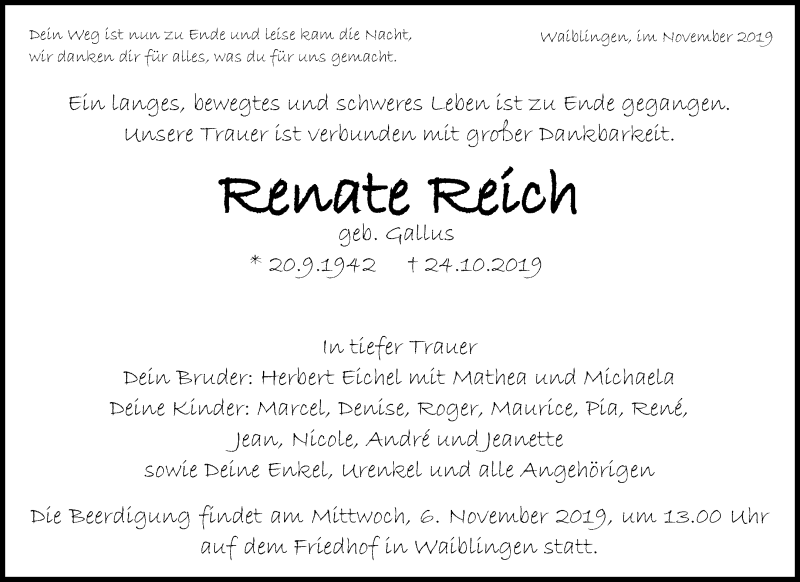  Traueranzeige für Renate Reich vom 02.11.2019 aus Waiblinger Kreiszeitung