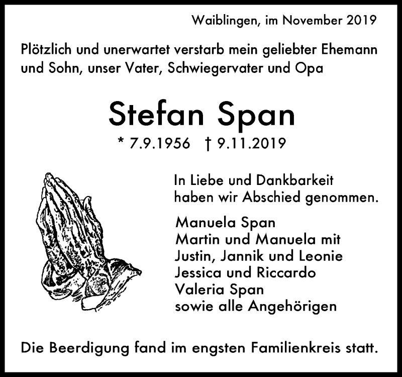  Traueranzeige für Stefan Span vom 30.11.2019 aus Waiblinger Kreiszeitung