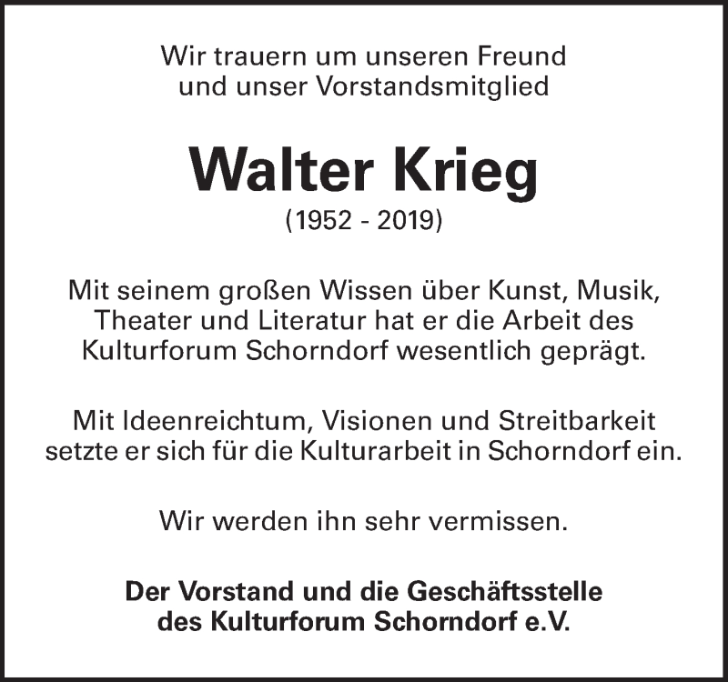  Traueranzeige für Walter Krieg vom 12.11.2019 aus Waiblinger Kreiszeitung