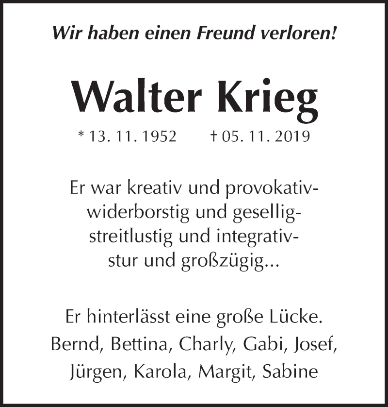  Traueranzeige für Walter Krieg vom 09.11.2019 aus Waiblinger Kreiszeitung