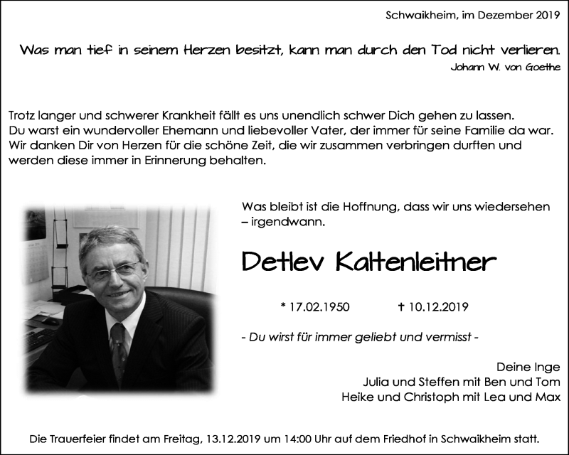  Traueranzeige für Detlev Kaltenleitner vom 12.12.2019 aus Waiblinger Kreiszeitung
