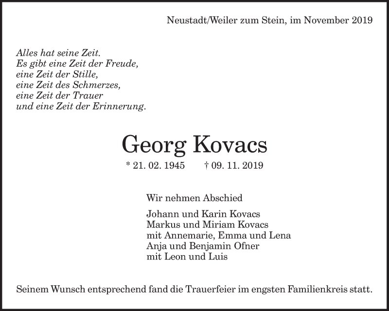  Traueranzeige für Georg Kovacs vom 14.12.2019 aus Waiblinger Kreiszeitung