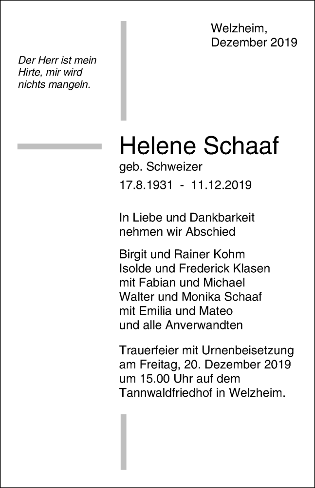  Traueranzeige für Helene Schaaf vom 14.12.2019 aus Waiblinger Kreiszeitung
