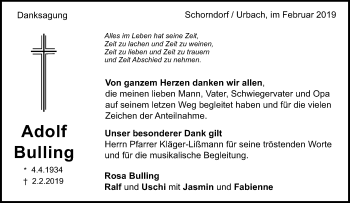 Traueranzeige von Adolf Bulling von Waiblinger Kreiszeitung