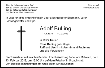 Traueranzeige von Adolf Bulling von Waiblinger Kreiszeitung