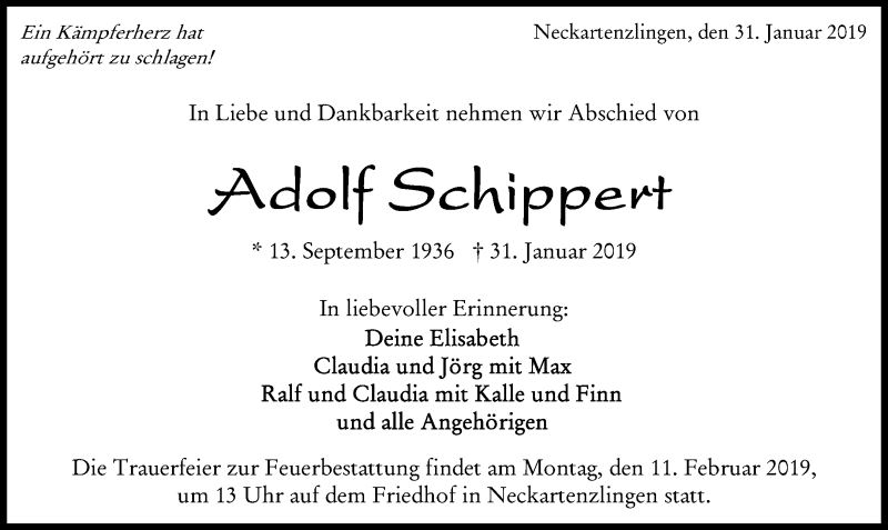  Traueranzeige für Adolf Schippert vom 05.02.2019 aus Waiblinger Kreiszeitung