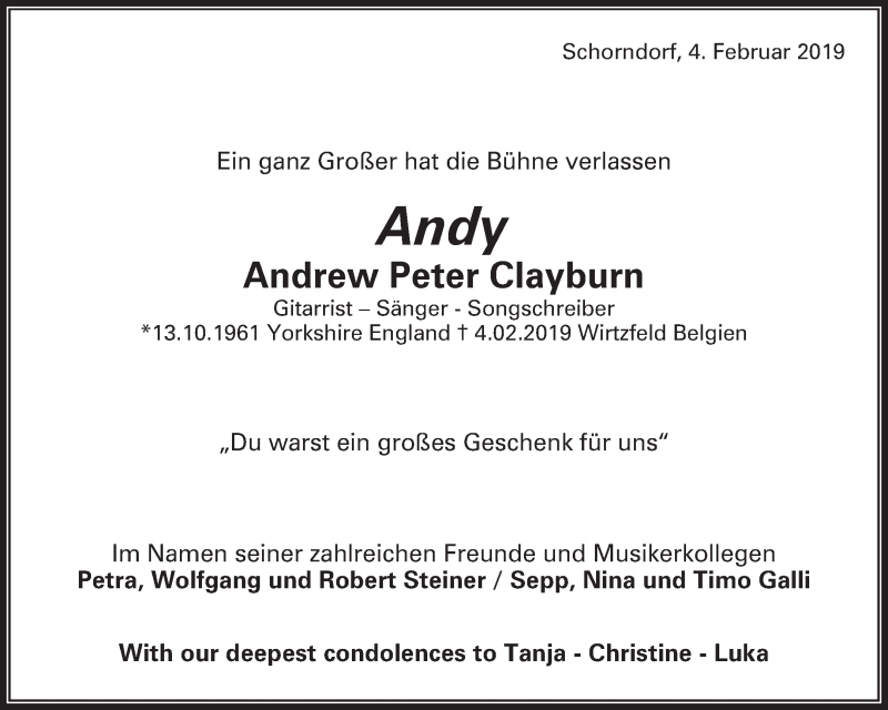 Traueranzeige für Andrew Peter Clayburn vom 09.02.2019 aus Waiblinger Kreiszeitung