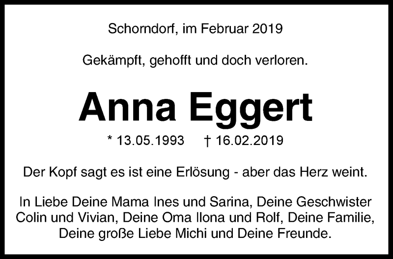  Traueranzeige für Anna Eggert vom 25.02.2019 aus Waiblinger Kreiszeitung