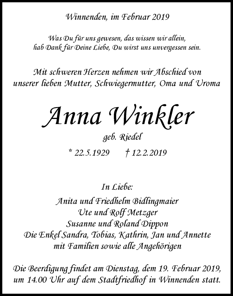  Traueranzeige für Anna Winkler vom 16.02.2019 aus Waiblinger Kreiszeitung