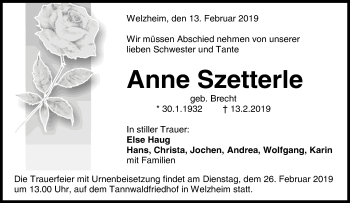 Traueranzeige von Anne Szetterle von Waiblinger Kreiszeitung