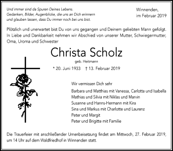 Traueranzeige von Christa Scholz von Waiblinger Kreiszeitung