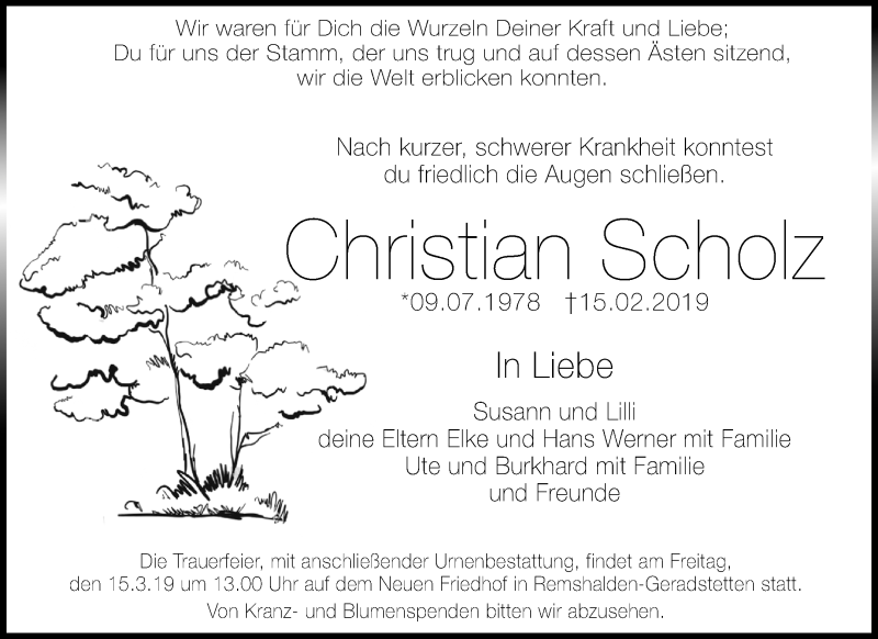  Traueranzeige für Christian Scholz vom 21.02.2019 aus Waiblinger Kreiszeitung