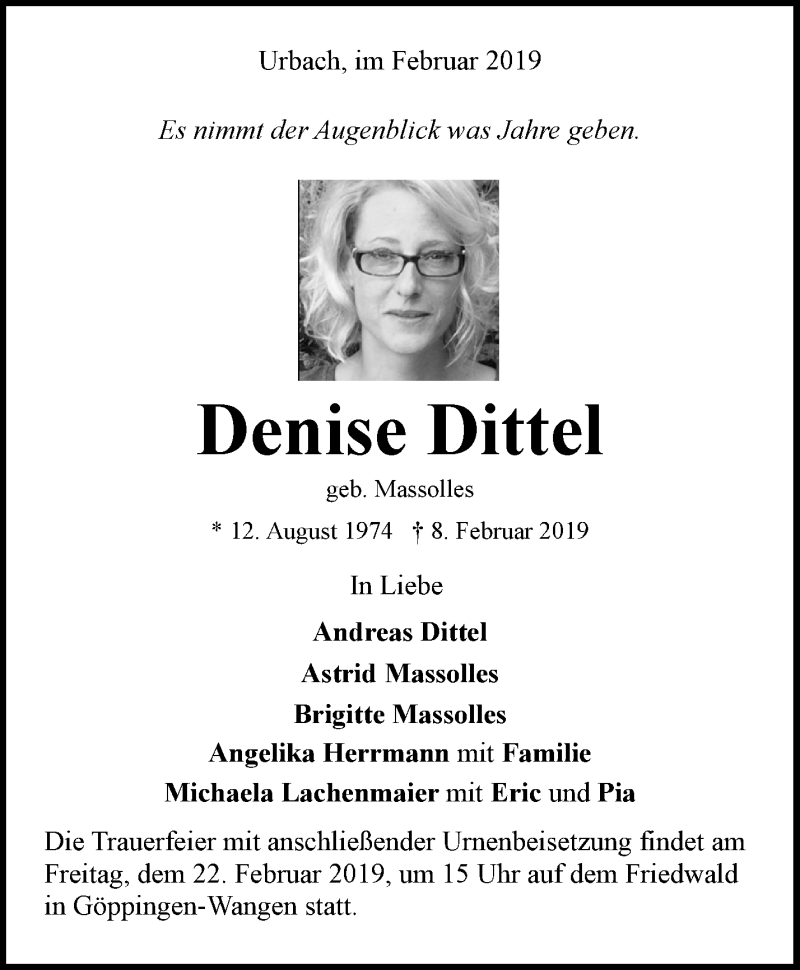  Traueranzeige für Denise Dittel vom 16.02.2019 aus Waiblinger Kreiszeitung
