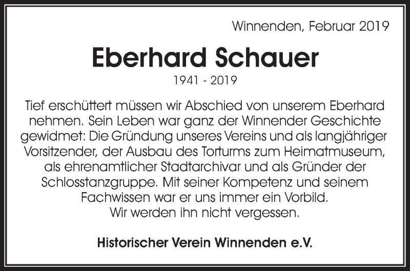  Traueranzeige für Eberhard Schauer vom 20.02.2019 aus Waiblinger Kreiszeitung