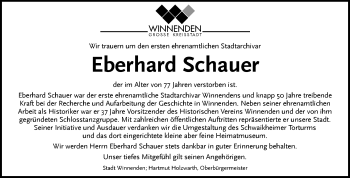 Traueranzeige von Eberhard Schauer von Waiblinger Kreiszeitung