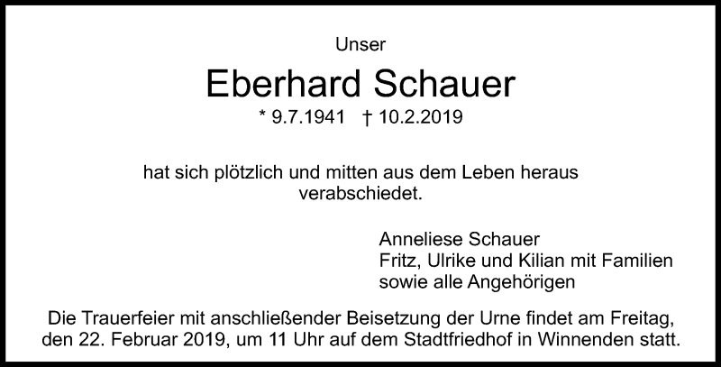  Traueranzeige für Eberhard Schauer vom 16.02.2019 aus Waiblinger Kreiszeitung