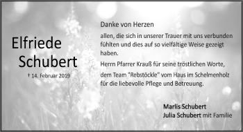 Traueranzeige von Elfriede Schubert von Waiblinger Kreiszeitung