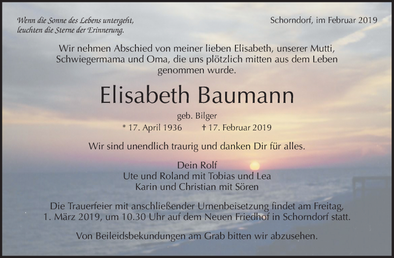  Traueranzeige für Elisabeth Baumann vom 27.02.2019 aus Waiblinger Kreiszeitung