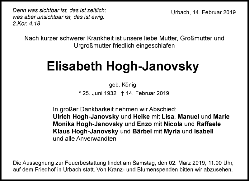  Traueranzeige für Elisabeth Hogh-Janovsky vom 23.02.2019 aus Waiblinger Kreiszeitung