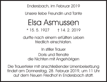 Traueranzeige von Elsa Asmussen von Waiblinger Kreiszeitung